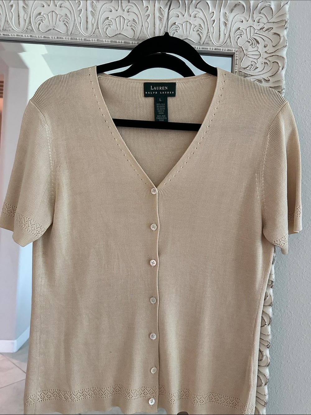 Lauren Ralph Lauren Silk Tan Short-Sleeve Sleeve Cardigan Sweater